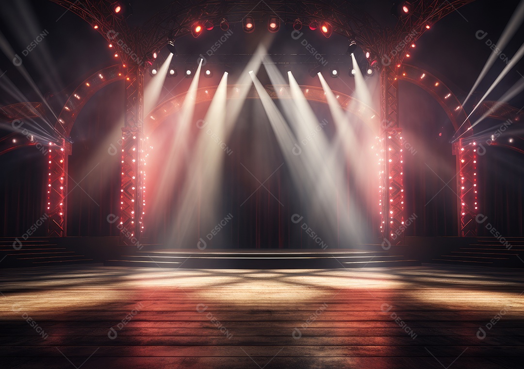 Palco livre com luzes, dispositivos de iluminação, holofotes e cena vazia. Conceito de entretenimento de eventos online. Antecedentes para concerto online.