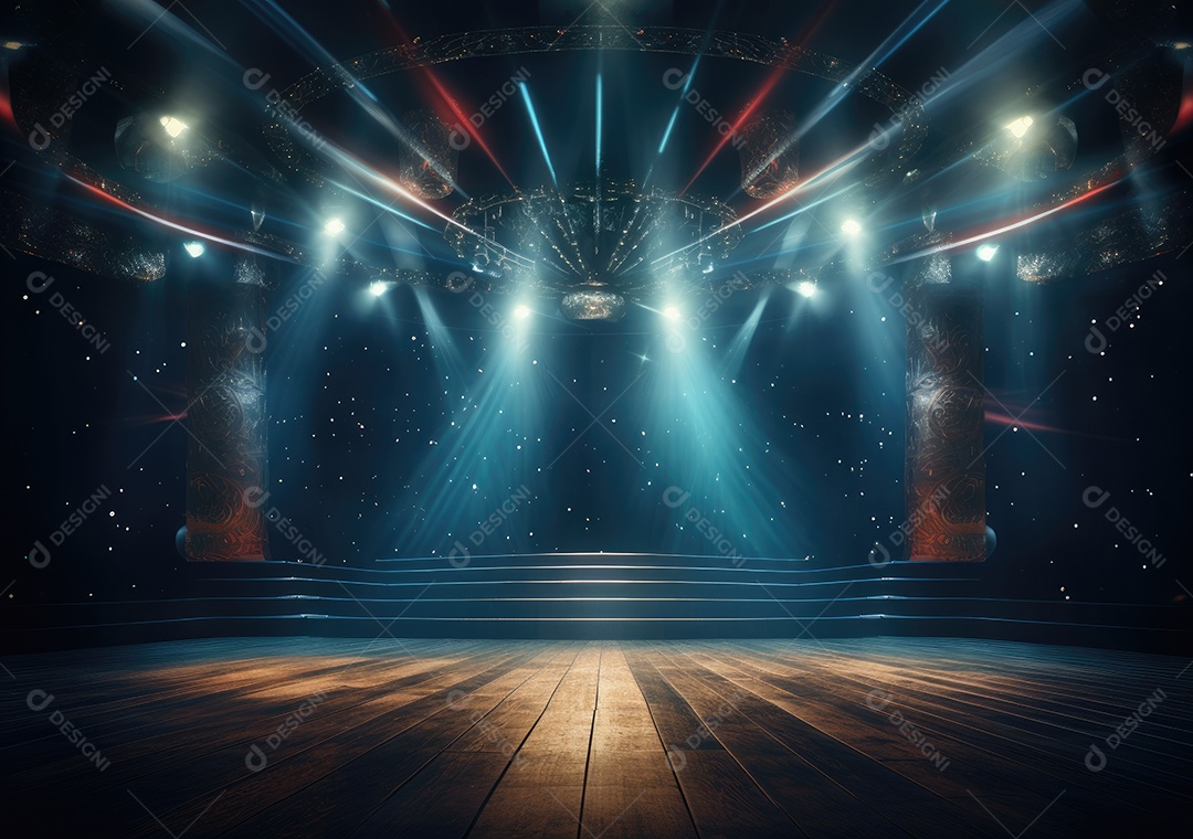 Palco livre com luzes, dispositivos de iluminação, holofotes brilhantes e cena vazia. Conceito de entretenimento de eventos online. Antecedentes para concerto online.