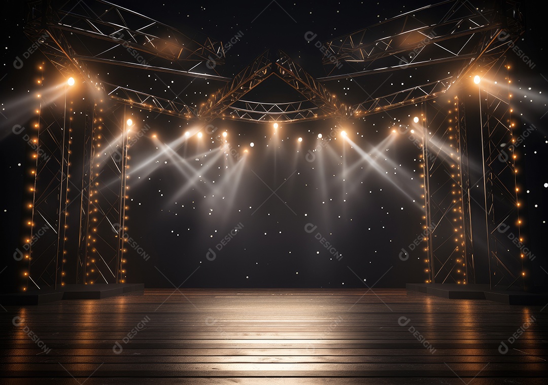 Palco livre com luzes, dispositivos de iluminação, holofotes e cena vazia. Conceito de entretenimento de eventos online. Antecedentes para concerto online.