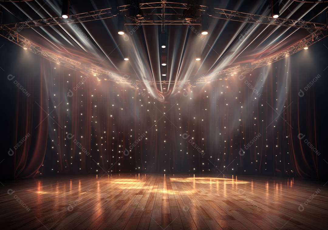 Palco livre com luzes, dispositivos de iluminação, holofotes e cena vazia. Conceito de entretenimento de eventos online. Antecedentes para concerto online.