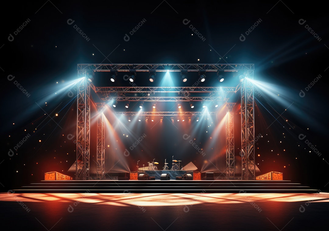 Palco livre com luzes, dispositivos de iluminação, holofotes e cena vazia. Conceito de entretenimento de eventos online. Antecedentes para concerto online.