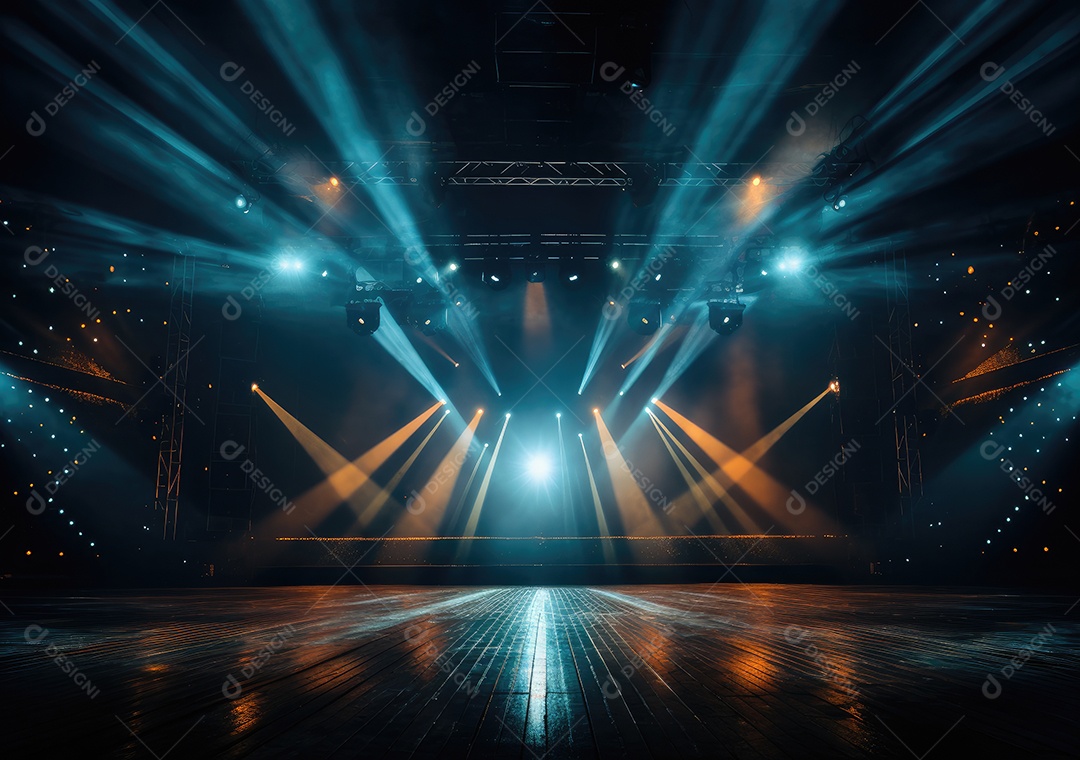 Palco livre com luzes, dispositivos de iluminação, holofotes e cena vazia. Conceito de entretenimento de eventos online. Antecedentes para concerto online.