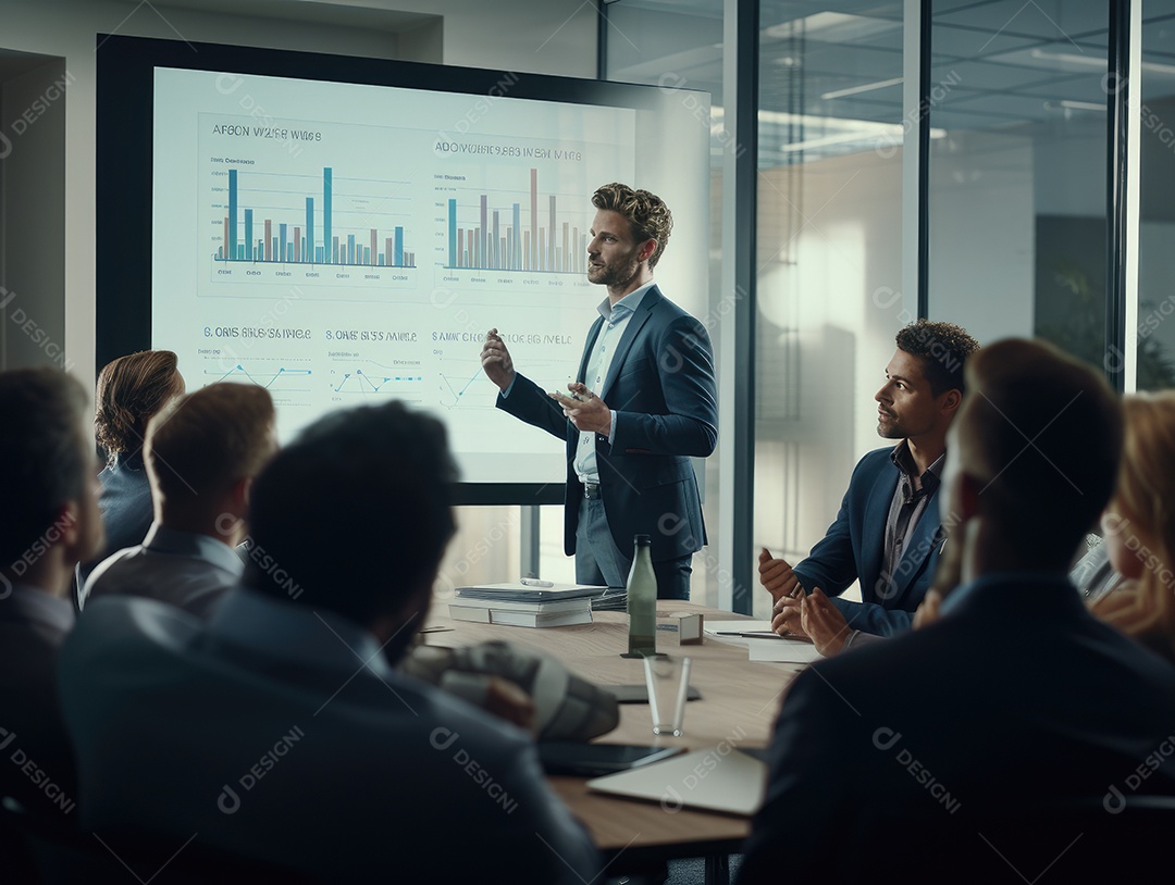 Apresentação de negócios, empresário fazendo uma apresentação no escritório