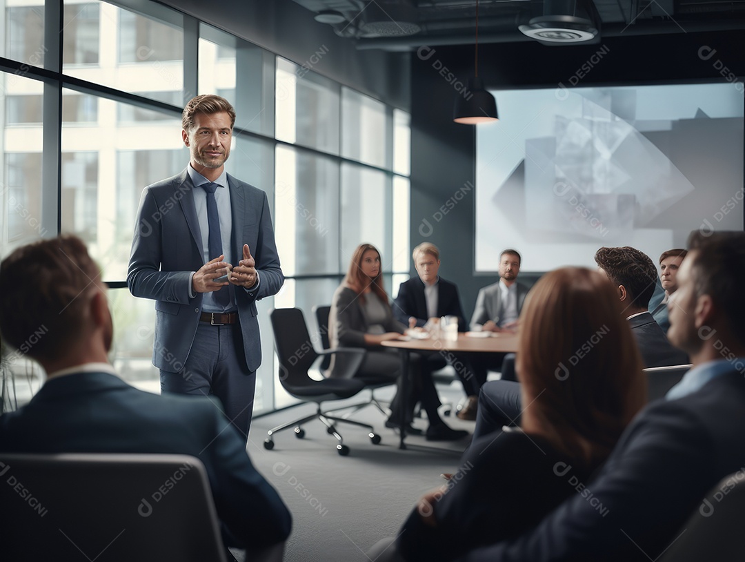 Apresentação de negócios, empresário fazendo uma apresentação no escritório