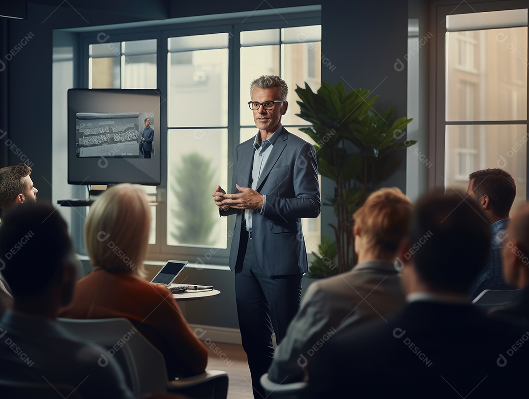 Apresentação de negócios, empresário fazendo uma apresentação no escritório