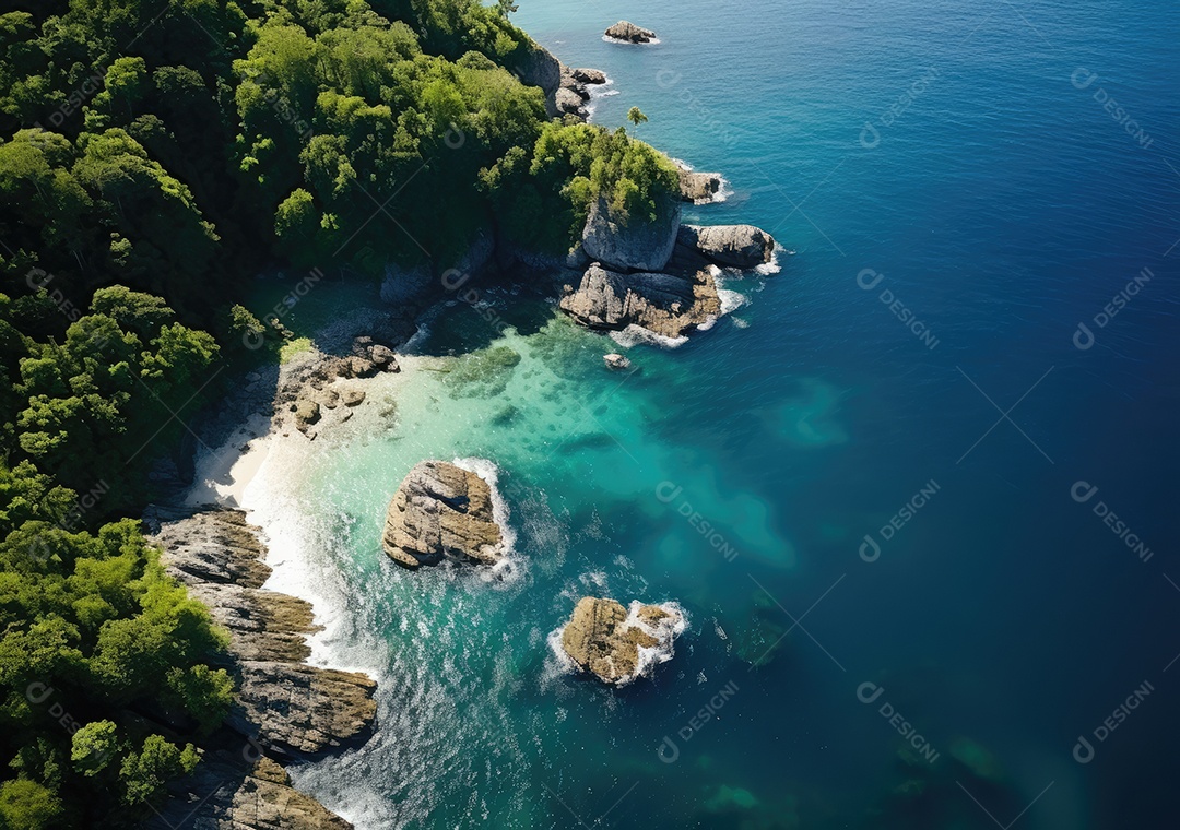 Vista aérea do litoral rochoso. Ondas batendo nas rochas. Vista aérea do mar, mar cinematográfico e vista para a montanha.