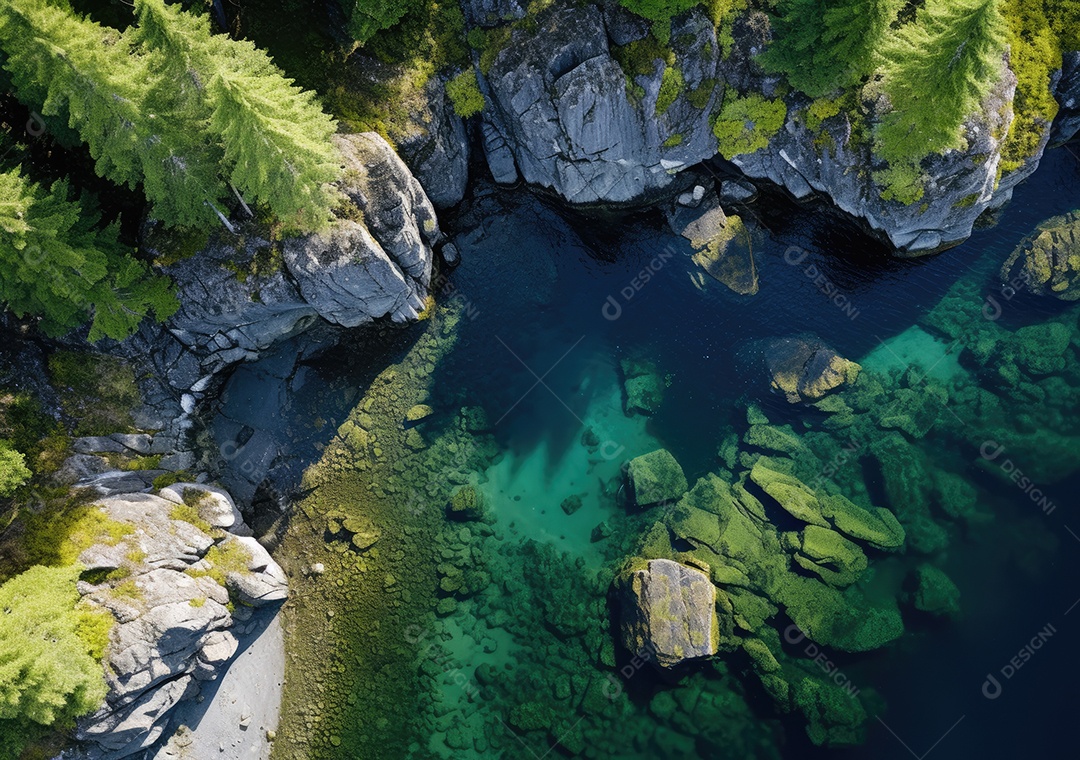 Vista aérea do litoral rochoso. Ondas batendo nas rochas. Vista aérea do mar, mar cinematográfico e vista para a montanha.