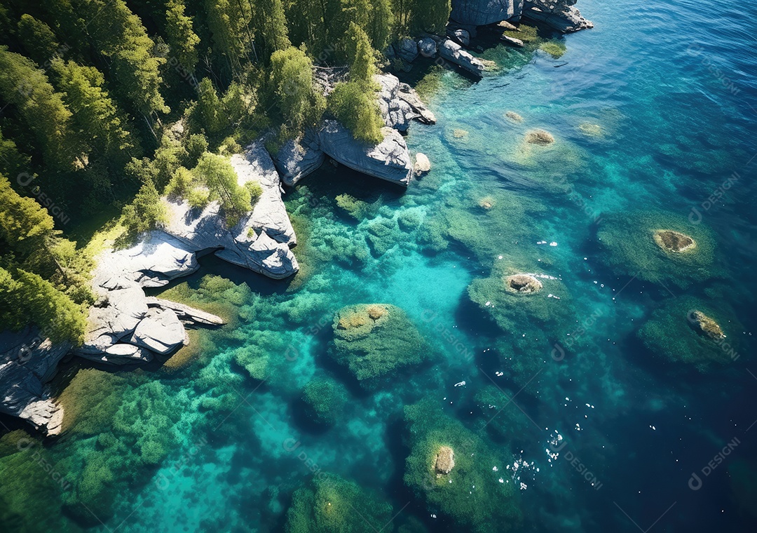 Vista aérea do litoral rochoso. Ondas batendo nas rochas. Vista aérea do mar, mar cinematográfico e vista para a montanha.