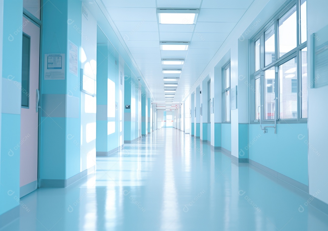 Corredor profundo do hospital, detalhe de um corredor branco em um hospital, arquitetura e saúde. Longo corredor com cama médica em hospital moderno.