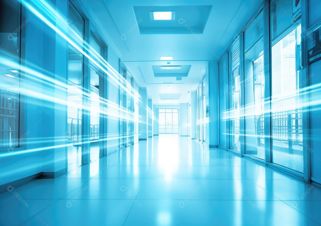 Corredor profundo do hospital, detalhe de um corredor branco em um hospital, arquitetura e saúde. Longo corredor com cama médica em hospital moderno.