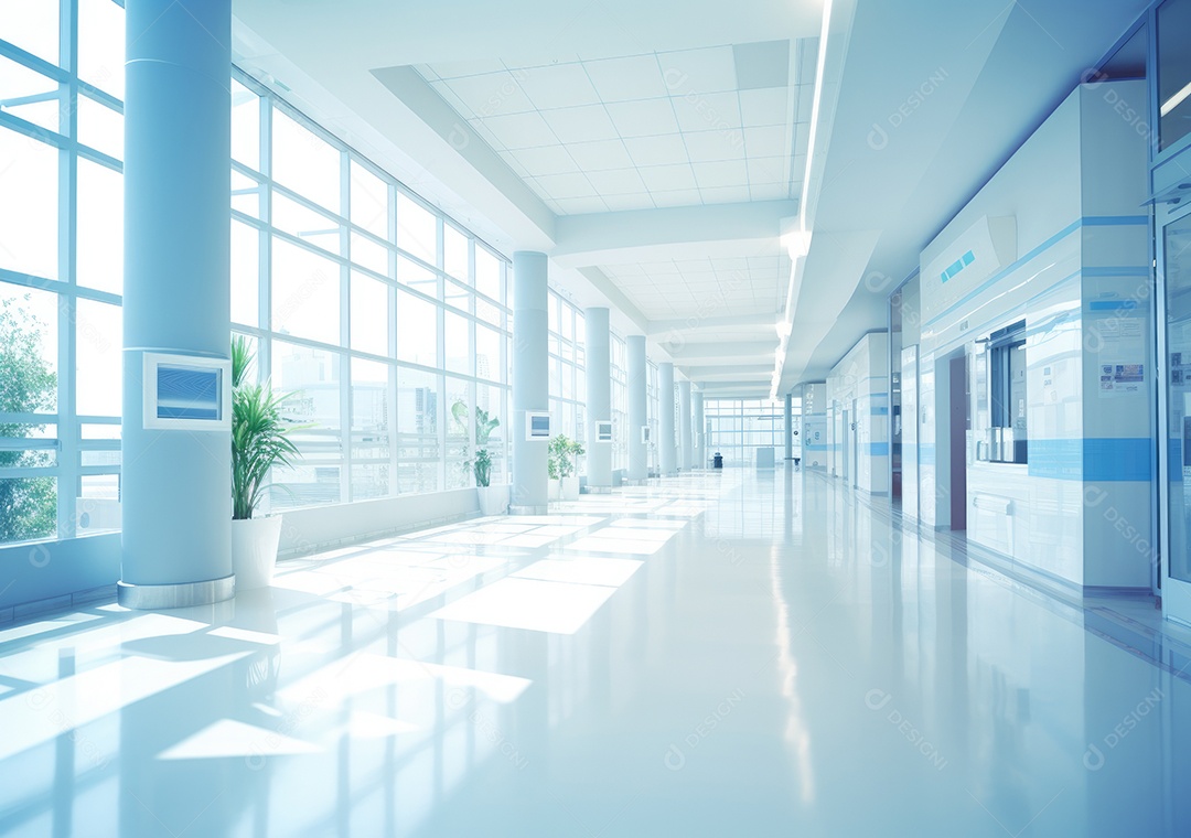 Corredor profundo do hospital, detalhe de um corredor branco em um hospital, arquitetura e saúde. Longo corredor com cama médica em hospital moderno.