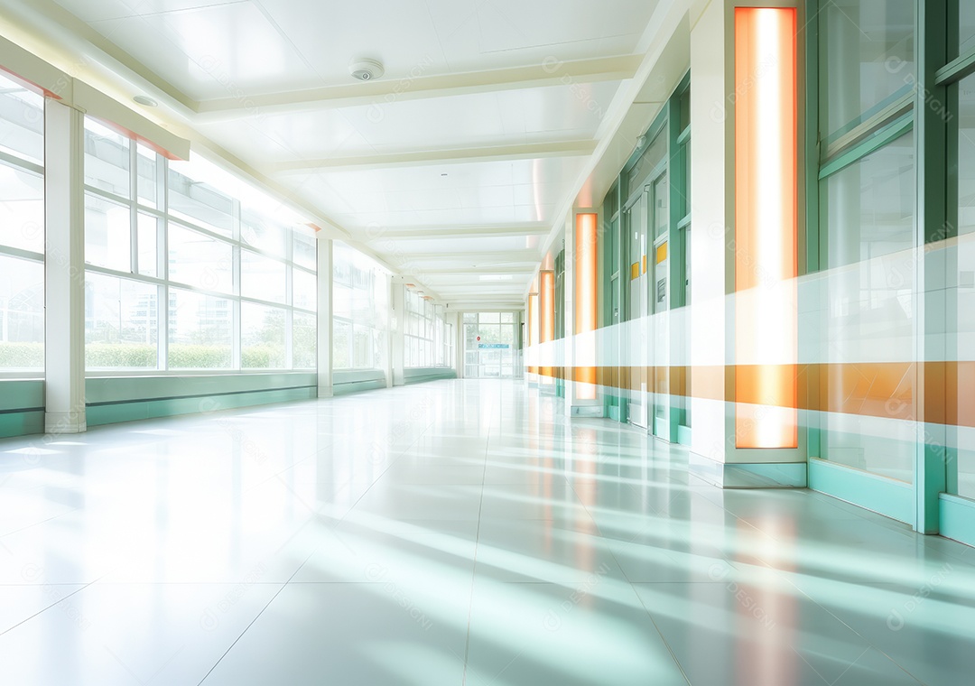 Corredor profundo do hospital, detalhe de um corredor branco em um hospital, arquitetura e saúde. Longo corredor com cama médica em hospital moderno.