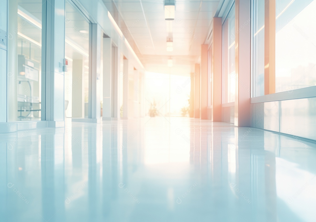 Corredor profundo do hospital, detalhe de um corredor branco em um hospital, arquitetura e saúde. Longo corredor com cama médica em hospital moderno.