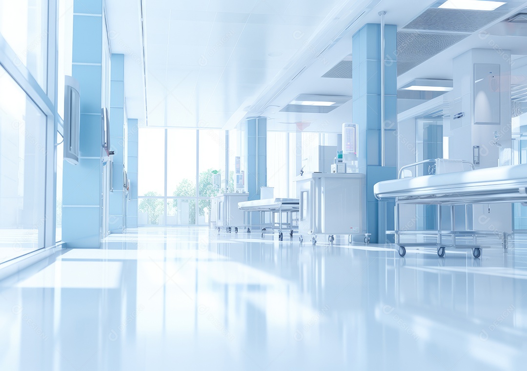 Corredor profundo do hospital, detalhe de um corredor branco em um hospital, arquitetura e saúde. Longo corredor com cama médica em hospital moderno.