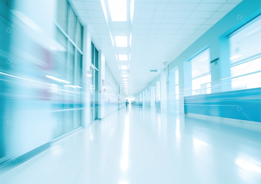 Corredor profundo do hospital, detalhe de um corredor branco em um hospital, arquitetura e saúde. Longo corredor com cama médica em hospital moderno.