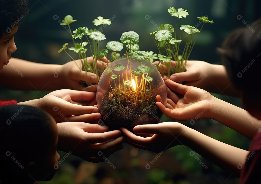 Verde e crescente. Foto de um grupo de pessoas, cada uma segurando uma planta crescendo no solo.