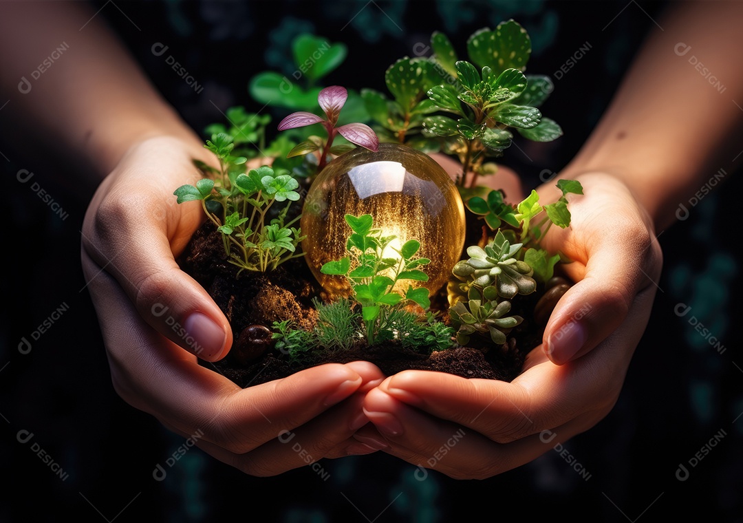 Verde e crescente. Foto de um grupo de pessoas, cada uma segurando uma planta crescendo no solo.