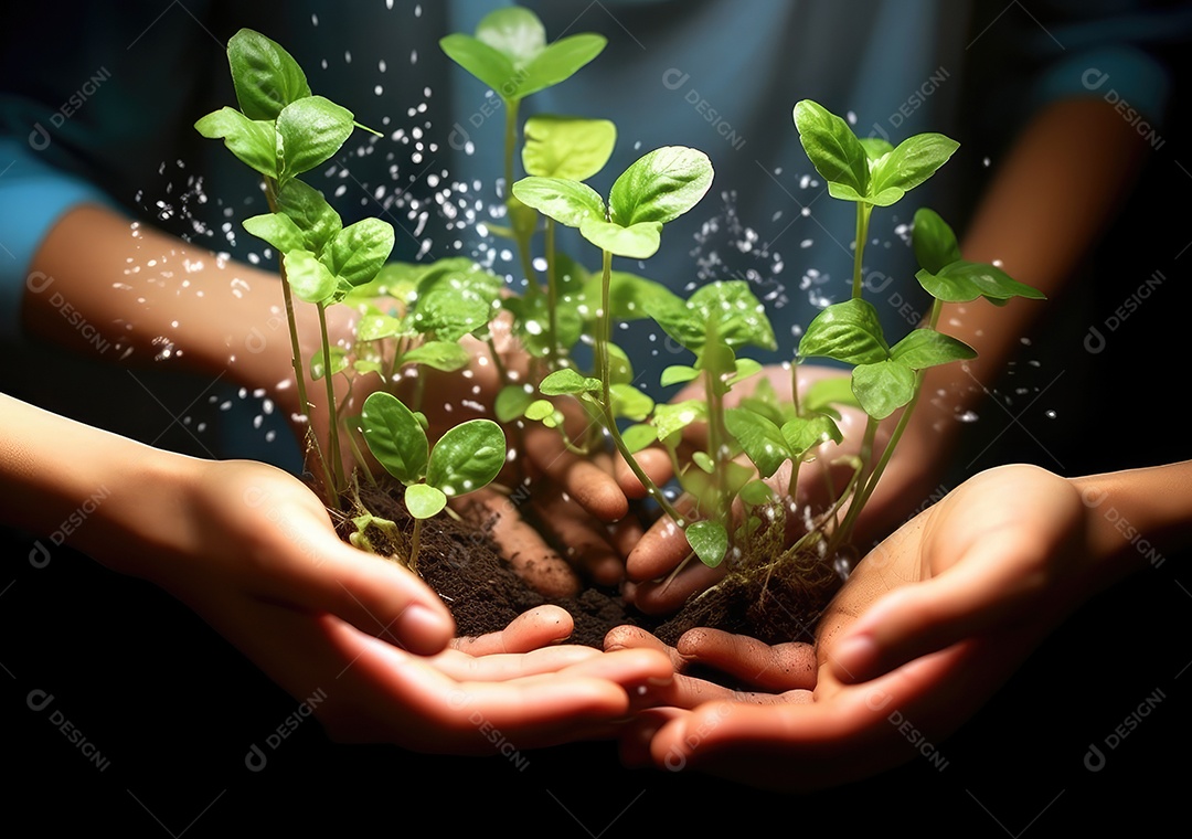 Verde e crescente. Foto de um grupo de pessoas, cada uma segurando uma planta crescendo no solo.