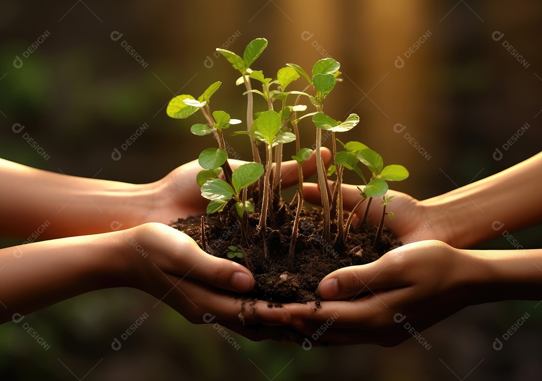Verde e crescente. Foto de um grupo de pessoas, cada uma segurando uma planta crescendo no solo.