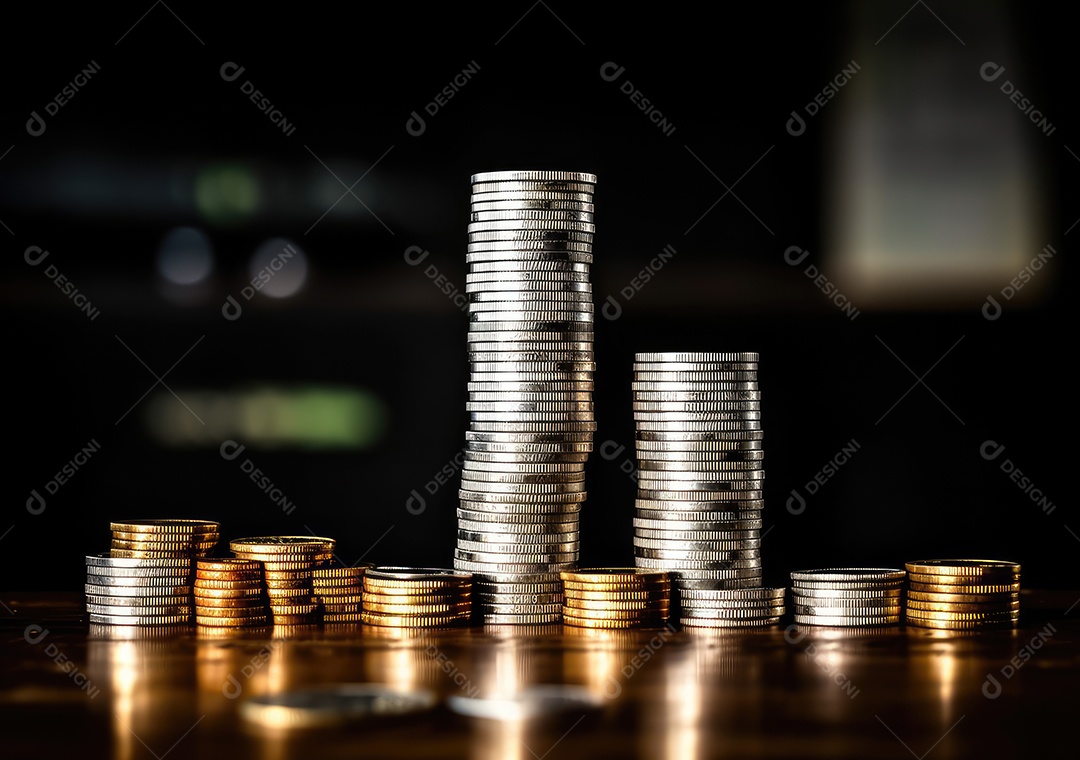 Pilha de moedas de prata e gráfico de dinheiro crescente em linhas. Conceito de renda, lucros, finanças, investimento, juros e poupança de dinheiro.