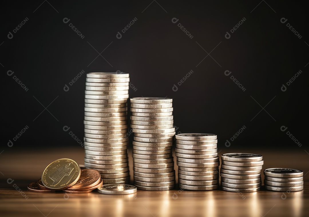 Pilha de moedas de prata e gráfico de dinheiro crescente em linhas. Conceito de renda, lucros, finanças, investimento, juros e poupança de dinheiro.