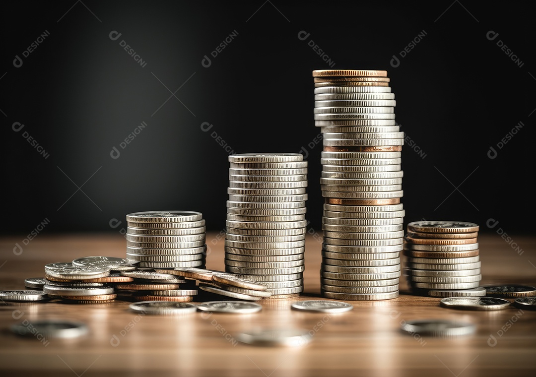 Pilha de moedas de prata e gráfico de dinheiro crescente em linhas. Conceito de renda, lucros, finanças, investimento, juros e poupança de dinheiro.