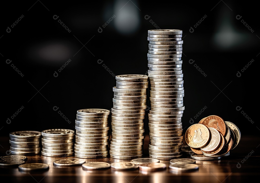 Pilha de moedas de prata e gráfico de dinheiro crescente em linhas. Conceito de renda, lucros, finanças, investimento, juros e poupança de dinheiro.