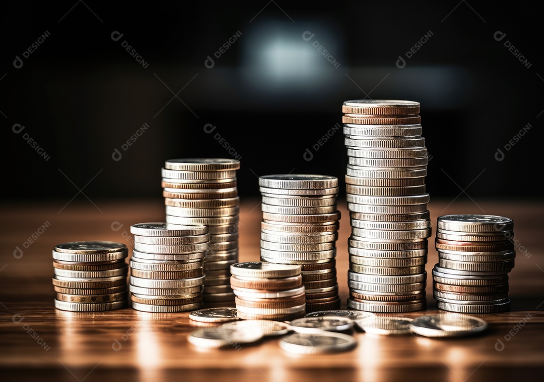 Pilha de moedas de prata e gráfico de dinheiro crescente em linhas. Conceito de renda, lucros, finanças, investimento, juros e poupança de dinheiro.