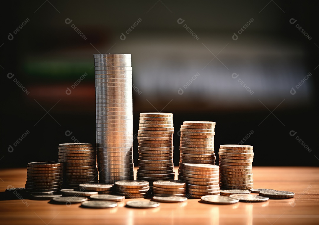 Pilha de moedas de prata e gráfico de dinheiro crescente em linhas. Conceito de renda, lucros, finanças, investimento, juros e poupança de dinheiro.