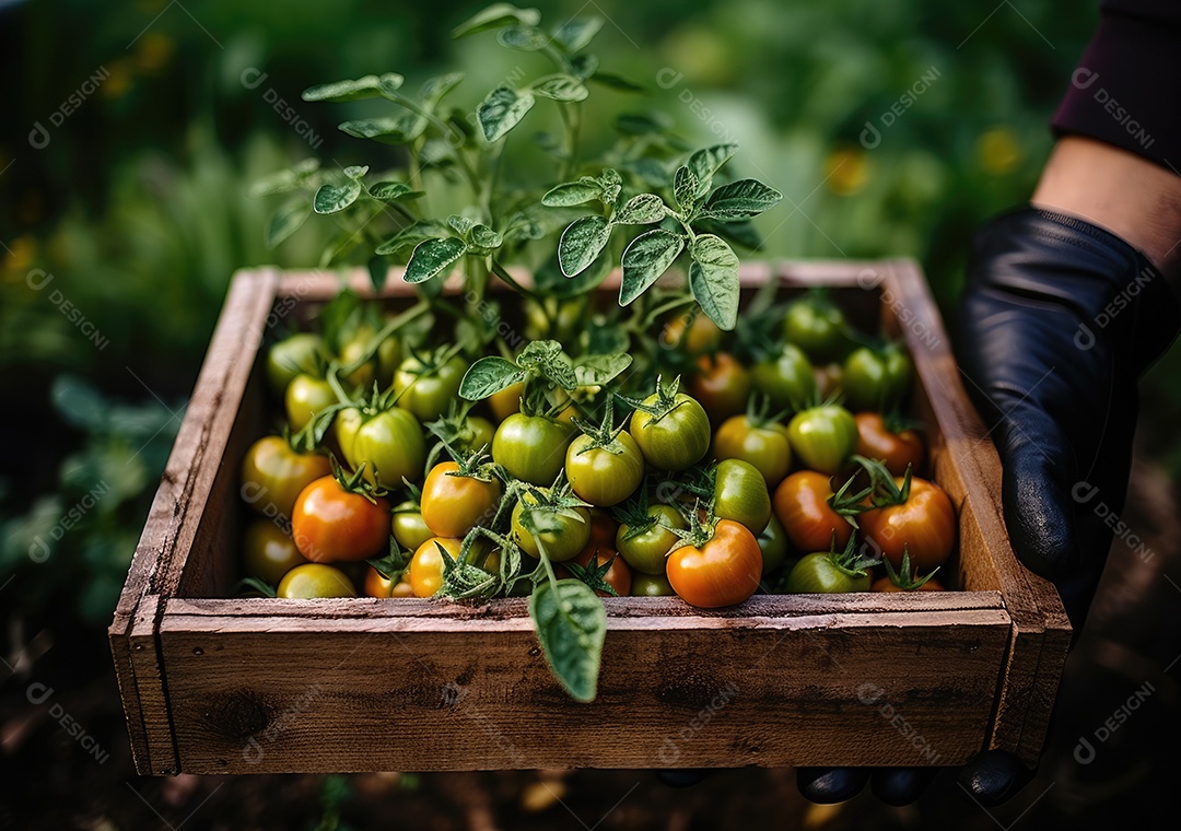 Mãos de pessoas segurando Verduras sobre uma caixa de madeira