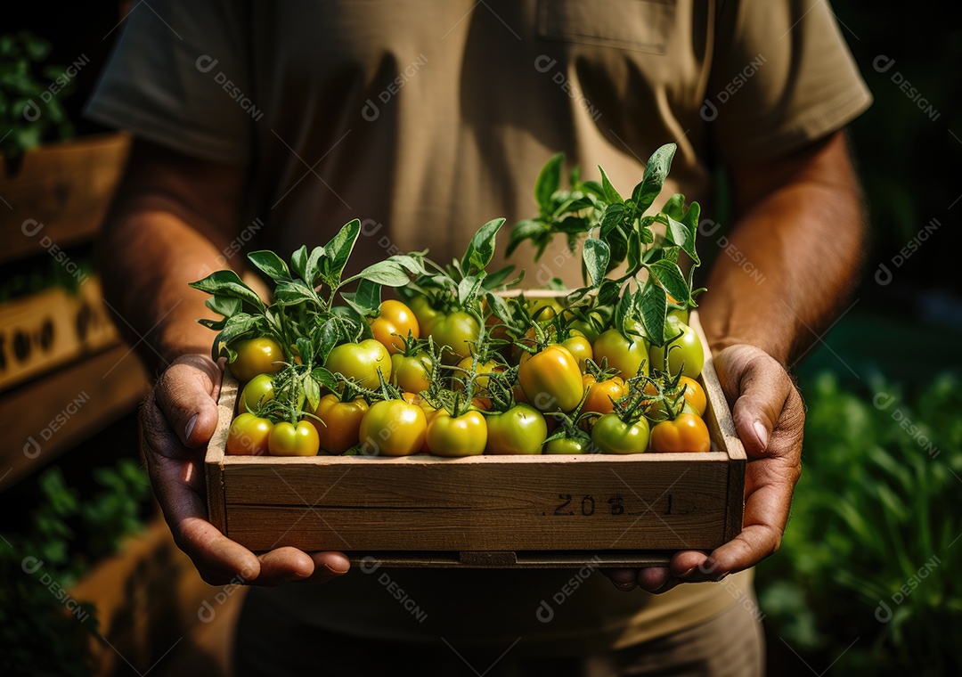 Mãos de pessoas segurando Verduras sobre uma caixa de madeira