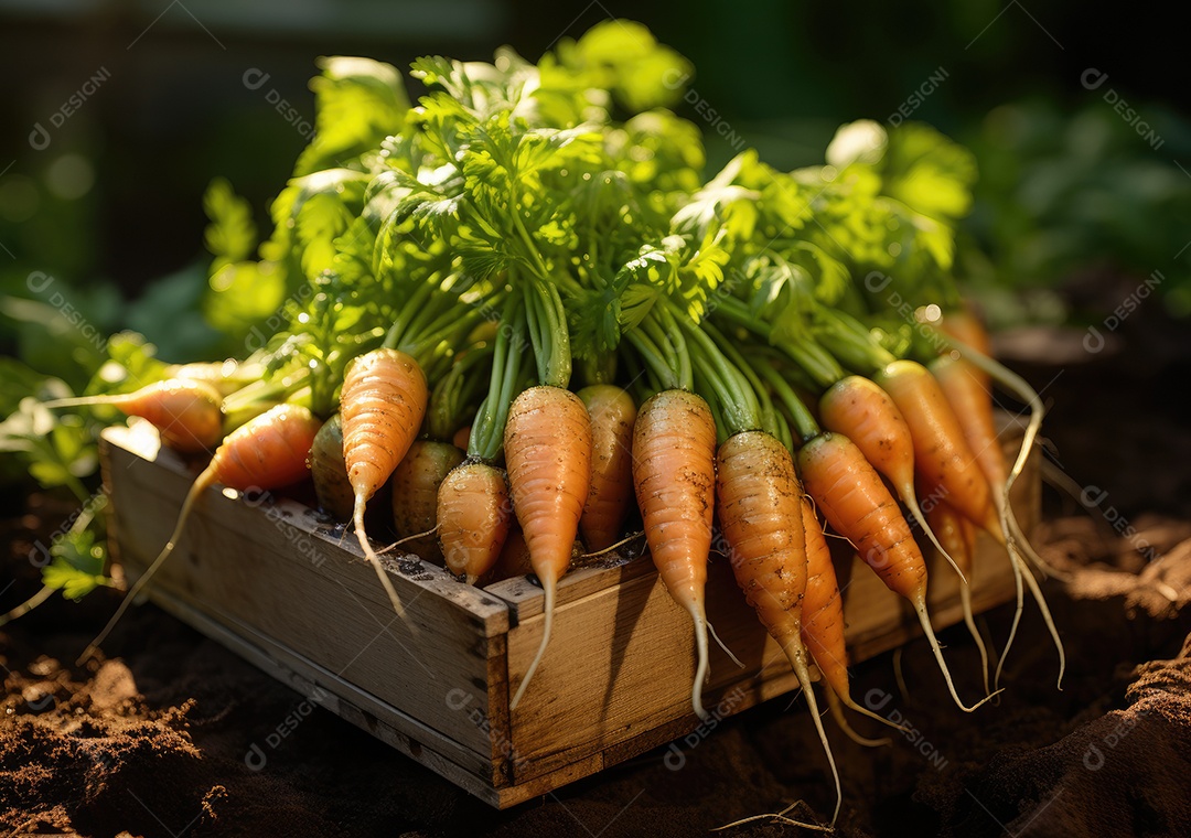 Verduras sobre uma caixa de madeira