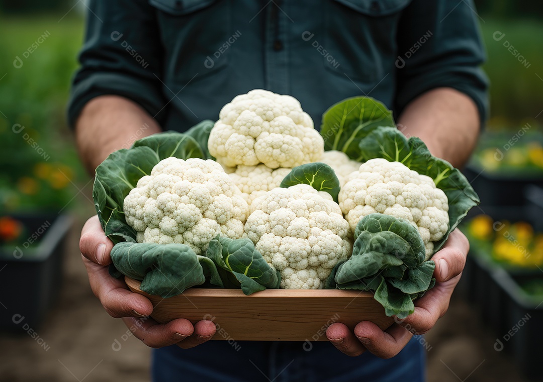 Mãos de pessoas segurando Verduras sobre uma caixa de madeira