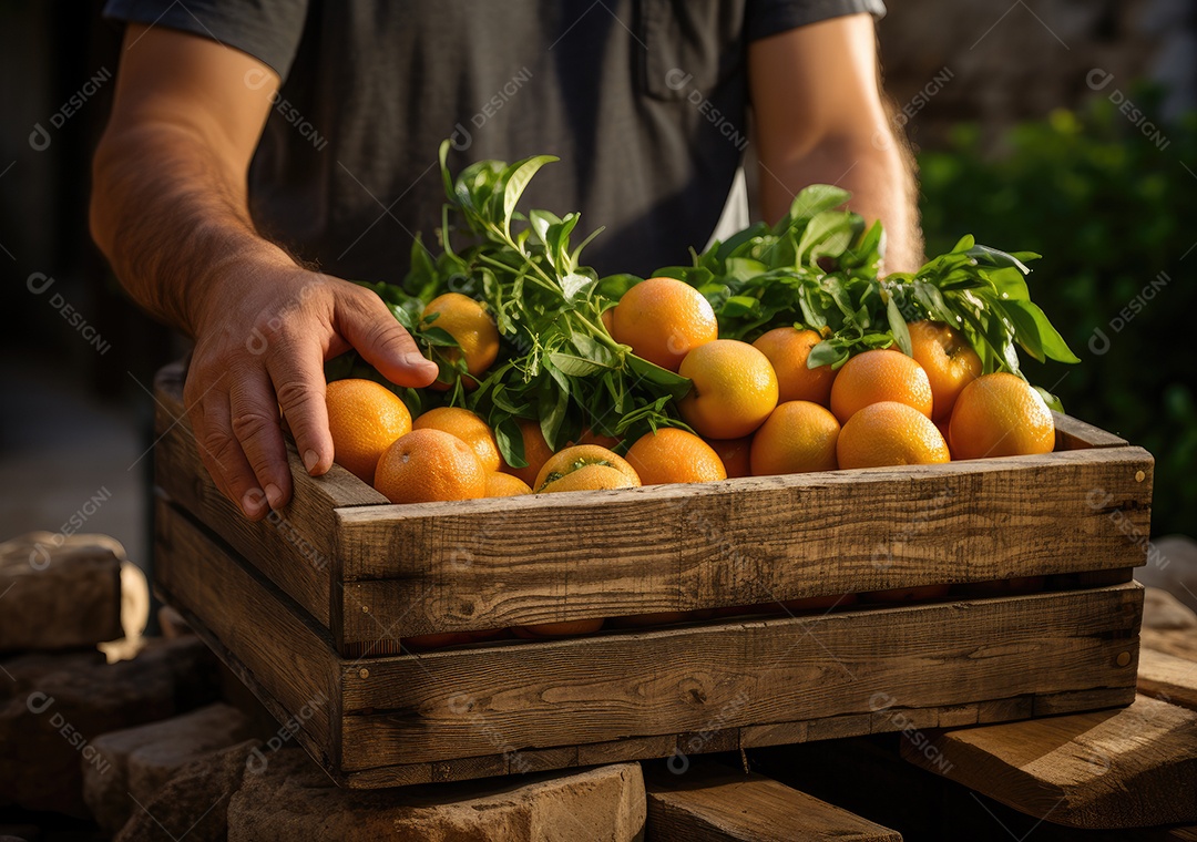 Mãos de pessoas segurando Verduras sobre uma caixa de madeira