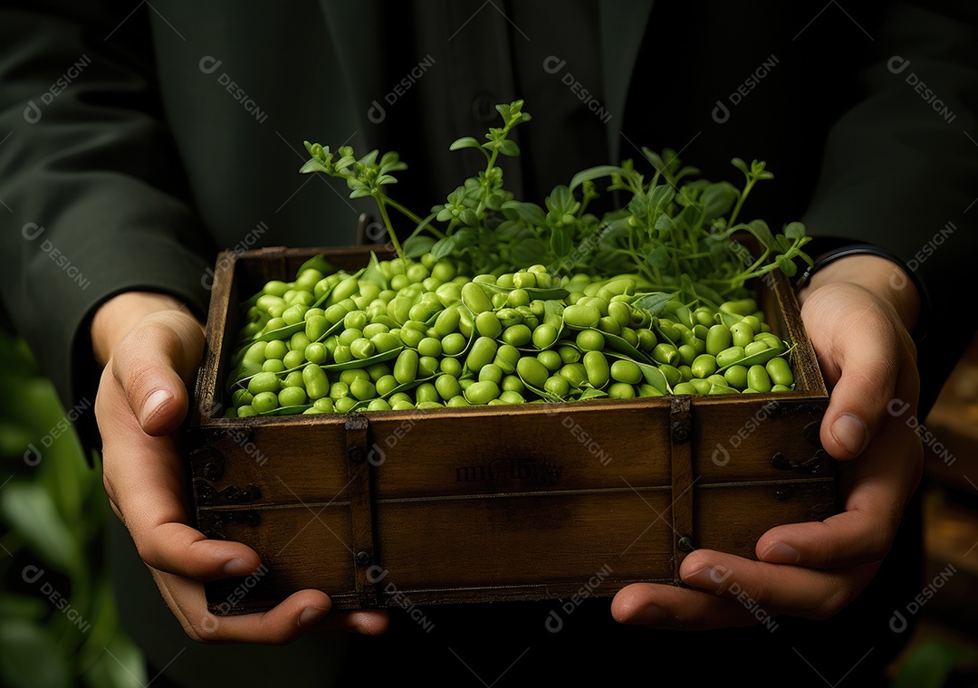 Mãos de pessoas segurando Verduras sobre uma caixa de madeira