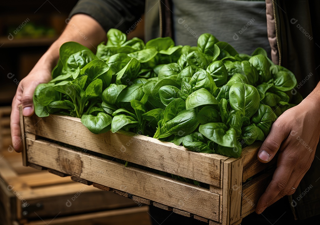 Mãos de pessoas segurando Verduras sobre uma caixa de madeira