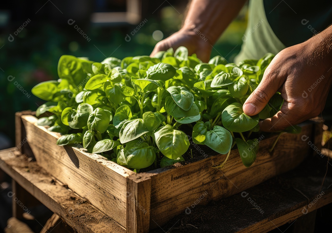 Mãos de pessoas segurando Verduras sobre uma caixa de madeira