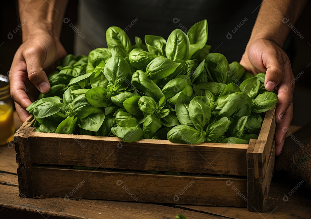 Mãos de pessoas segurando Verduras sobre uma caixa de madeira