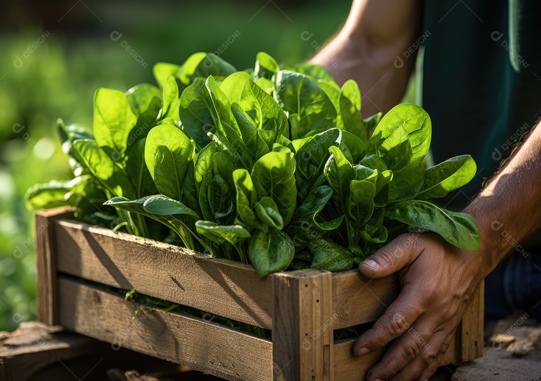 Mãos de pessoas segurando Verduras sobre uma caixa de madeira