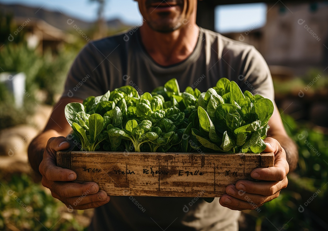 Mãos de pessoas segurando Verduras sobre uma caixa de madeira