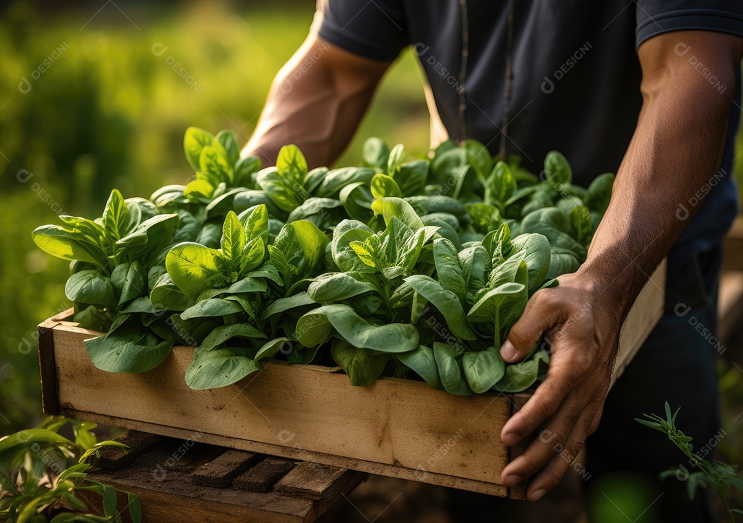 Mãos de pessoas segurando Verduras sobre uma caixa de madeira