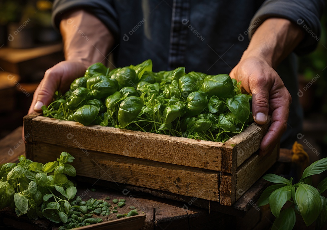 Mãos de pessoas segurando Verduras sobre uma caixa de madeira