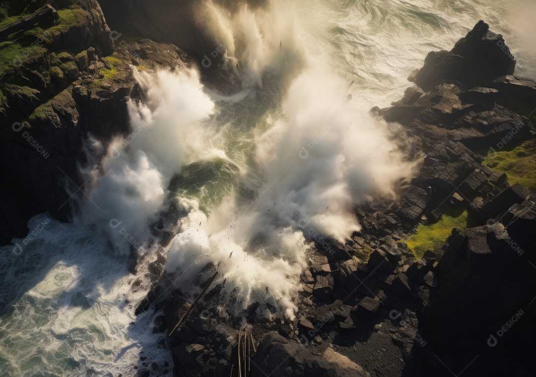 Vista aérea do litoral rochoso. Ondas batendo nas rochas. Vista aérea do mar, mar cinematográfico e vista para a montanha.