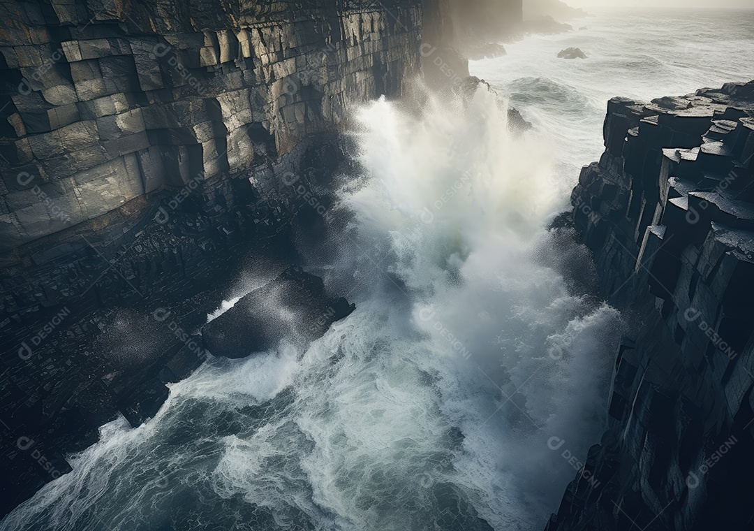 Vista aérea do litoral rochoso. Ondas batendo nas rochas. Vista aérea do mar, mar cinematográfico e vista para a montanha.