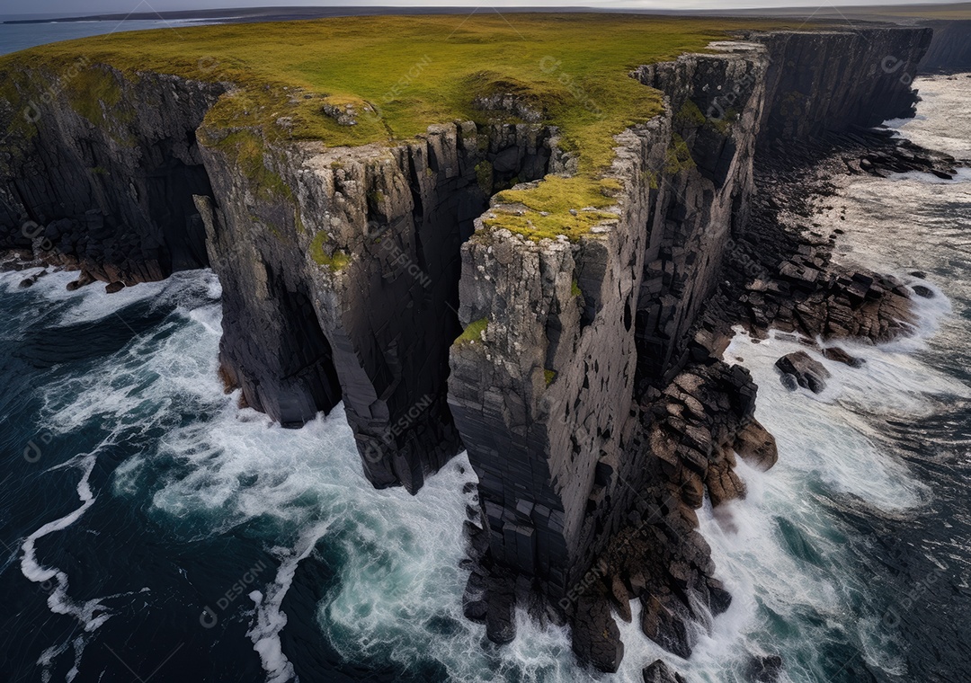 Vista aérea do litoral rochoso. Ondas batendo nas rochas. Vista aérea do mar, mar cinematográfico e vista para a montanha.