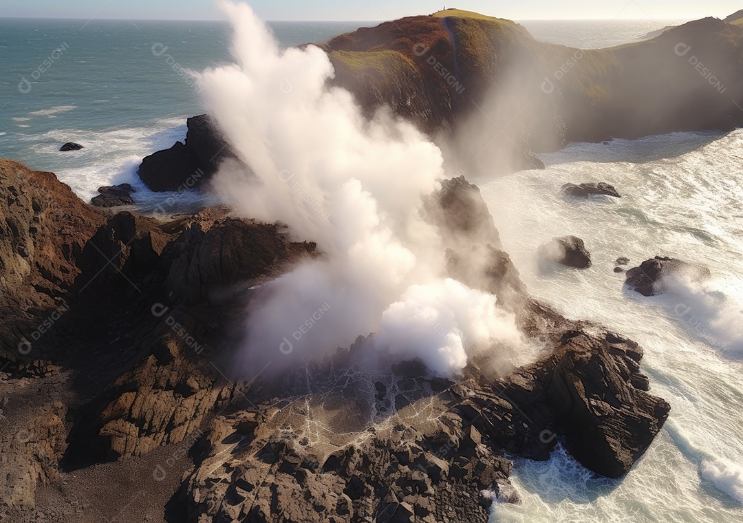 Vista aérea do litoral rochoso. Ondas batendo nas rochas. Vista aérea do mar, mar cinematográfico e vista para a montanha.