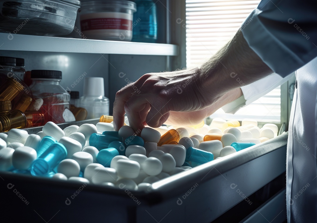 Médico colocando comprimidos em frascos para os pacientes. IA generativa.