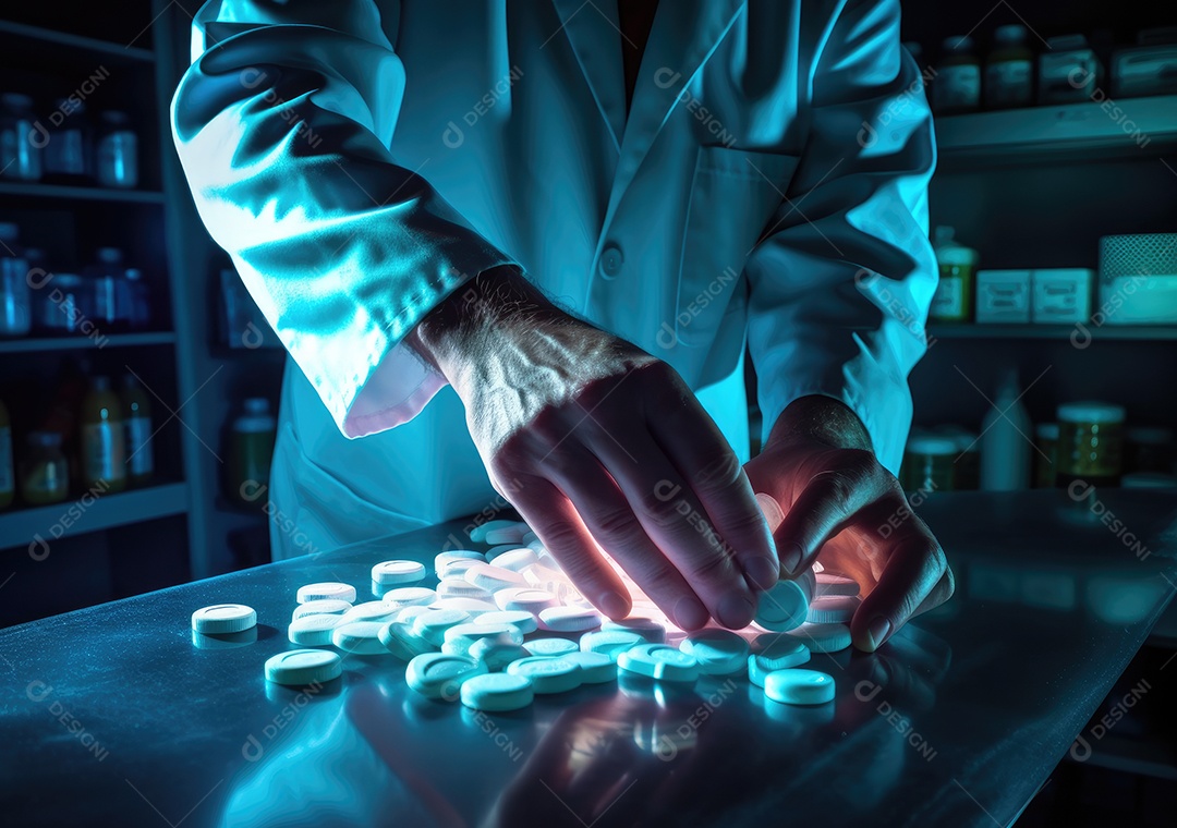 Médico colocando comprimidos em frascos para os pacientes. IA generativa.