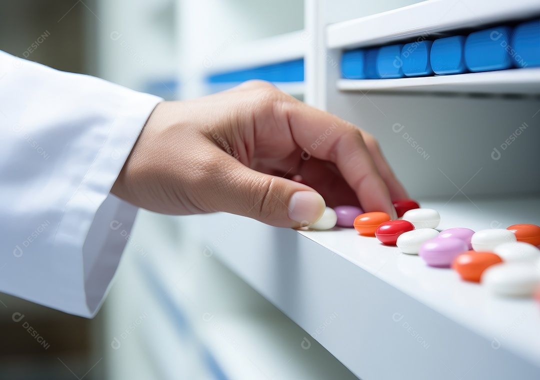 Médico colocando comprimidos em frascos para os pacientes. IA generativa.