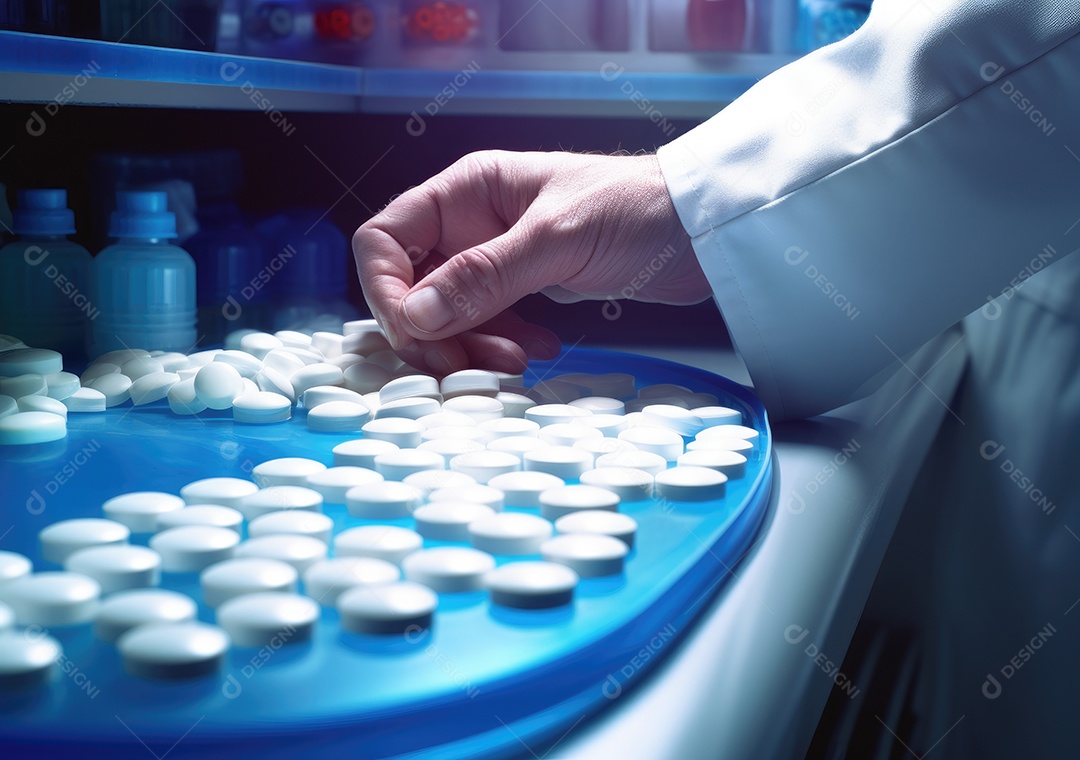 Médico colocando comprimidos em frascos para os pacientes. IA generativa.